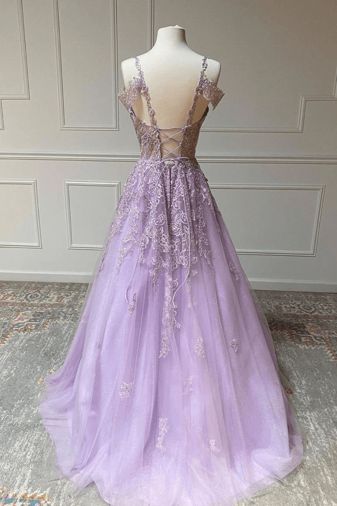 Charming Tulle A-line V Neck Prom Dresses With Lace Appliques PSK352 - Pgmdress