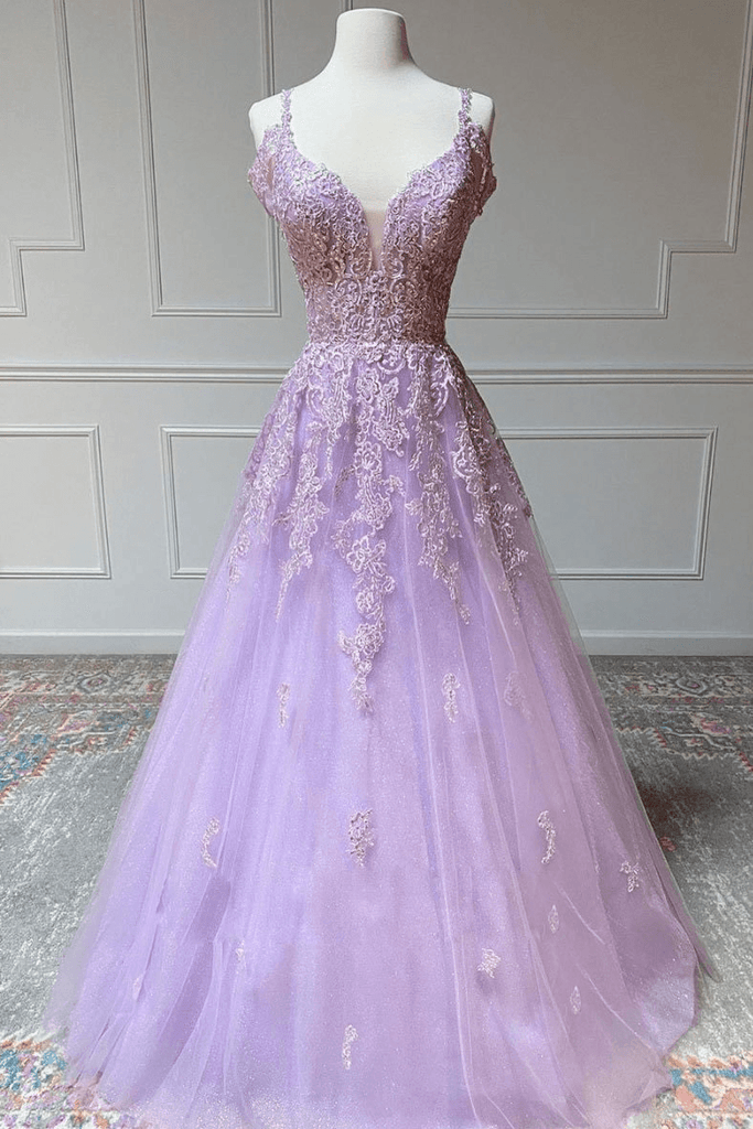 Charming Tulle A-line V Neck Prom Dresses With Lace Appliques PSK352 - Pgmdress