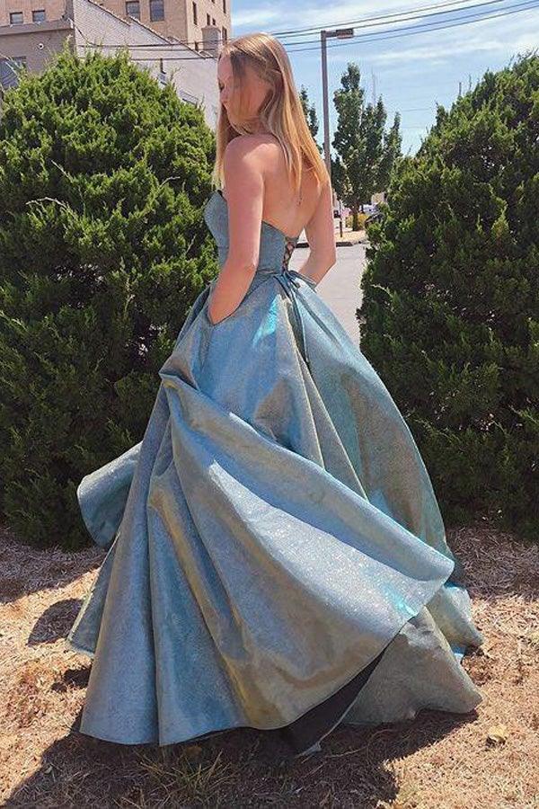 A-line Strapless Sweetheart Prom Dress Sparkly Evening Dresses With Pockets PSK255 - Pgmdress