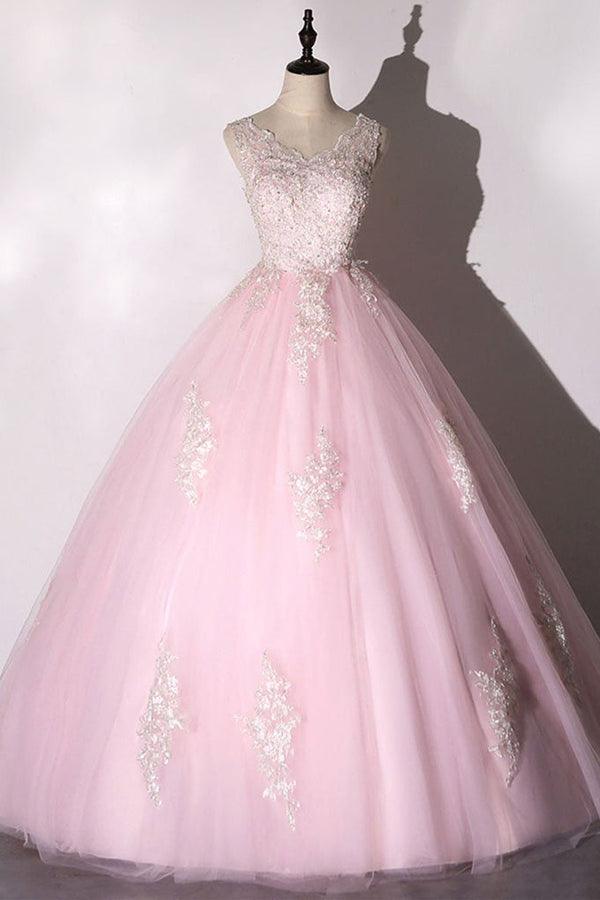 Chic Ball Gown Pink Prom Dress Tulle Applique Evening Dress PSK266 - Pgmdress
