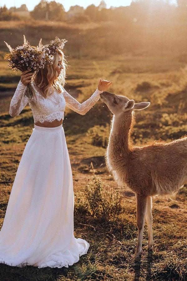 Chiffon Two Pieces Wedding Dresses A-line Long Sleeves Bridal Gown WD553 - Pgmdress