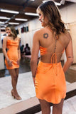 Cute Bodycon Cowl Neck Orange Silk Satin Short Homecoming Dresses PD443 - Pgmdress