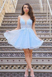 Cute V Neck Light Blue Lace Floral Short Prom Homecoming Dresses PD439 - Pgmdress