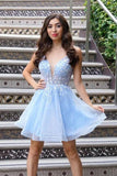 Cute V Neck Light Blue Lace Floral Short Prom Homecoming Dresses PD439 - Pgmdress