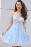 Jolies robes de soirée de bal courtes en dentelle bleu clair à col en V et à fleurs PD439