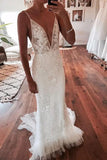 Deep V-Neck Mermaid Ivory Backless Lace Wedding Dress  WD606