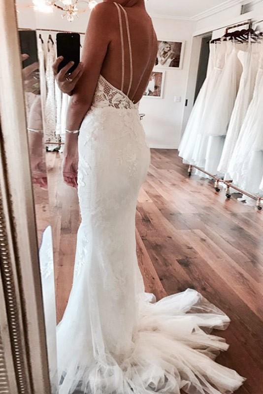 Deep V-Neck Mermaid Ivory Backless Lace Wedding Dress WD606 – Pgmdress
