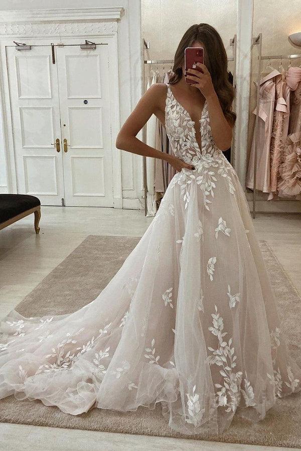 Deep V Neck Lace Wedding Dresses Romantic Bridal Gown With Train WD593 - Pgmdress
