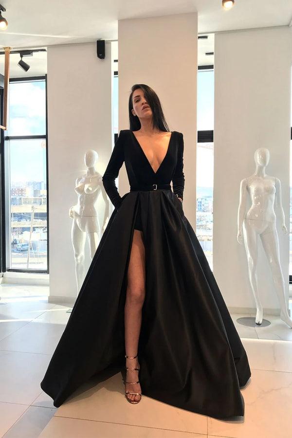 Monot Plunge Black V Dress with Front Slit – Désordre Boutique