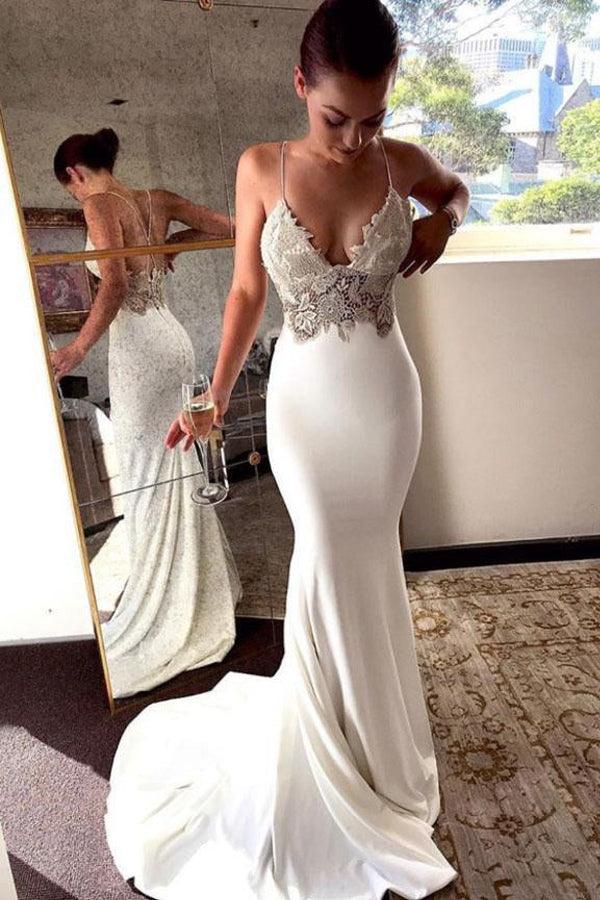 Deep V Neck Mermaid Spaghetti Straps Backless Wedding Dress WD586 - Pgmdress