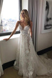 Deep V Neck Spaghetti Straps Beach Wedding Dress Bridal Gown  WD556