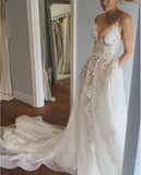 Deep V Neck Spaghetti Straps Beach Wedding Dress Bridal Gown WD556 - Pgmdress