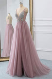 Dusty Pink Sparkly V Neck A Line Tulle Long Prom/Evening Dress PG875 - Pgmdress