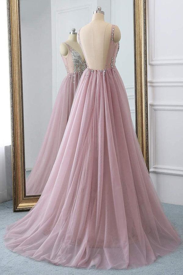 Dusty Pink Sparkly V Neck A Line Tulle Long Prom/Evening Dress PG875 - Pgmdress