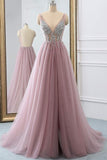 Robe de bal/soirée longue en tulle à col en V scintillant rose poussiéreux PG875 