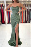 Dusty Sage Strapless Trumpet Prom Dress Slit Mermaid Formal Gown PSK326