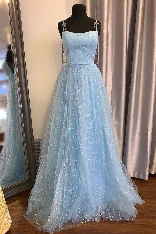 Off The Shoulder Light Blue Tulle Princess A-line Long Prom Evening Gown  With Lace Applique | Honey Dress