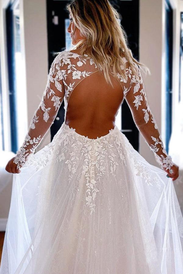 Elegant A-line V Neck Lace Long Sleeves Wedding Dresses WD588