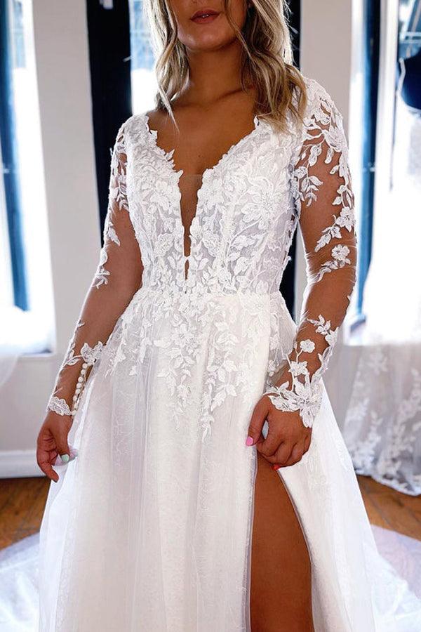 Elegant A-line V Neck Lace Long Sleeves Wedding Dresses WD588 - Pgmdress