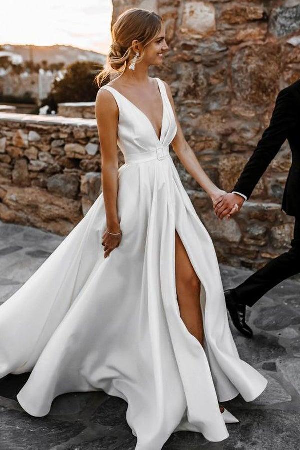 Elegant A-line Satin V-neckline Sweep Train Wedding Dresses WD564 - Pgmdress
