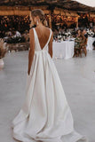 Elegant A-line Satin V-neckline Sweep Train Wedding Dresses WD564 - Pgmdress