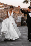 Elegant A-line Satin V-neckline Sweep Train Wedding Dresses WD564 - Pgmdress