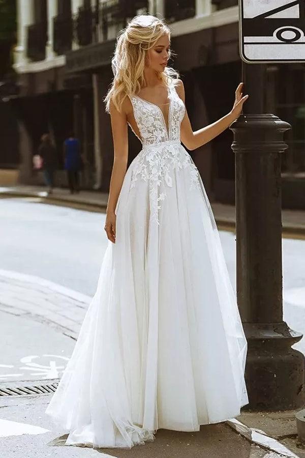 Elegant A-line V Neck Lace Beach Wedding Dresses Bridal Gown WD607 - Pgmdress