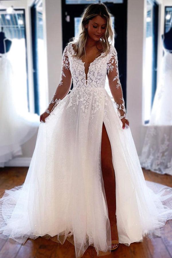 Long Sleeve Lace A-line Cheap Wedding Dresses Online, WD335