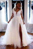 Elegant A-line V Neck Lace Long Sleeves Wedding Dresses WD588 - Pgmdress