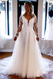 Elegant A-line V Neck Lace Long Sleeves Wedding Dresses WD588 - Pgmdress