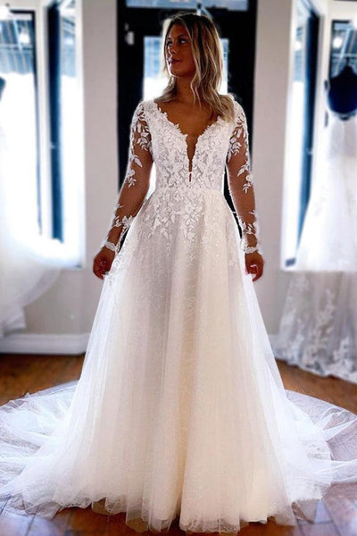 long sleeve v neck lace wedding dress Elegant A-line Sleeves Dresses WD588 US14 / Ivory 20260616_FINALSALE Tj Maxx Formal Dress Color:Walnut / Oblivion delicate lace
