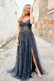 Elegant A Line Sweetheart Neck Tulle Lace Off Shoulder Long Prom Dress PSK423