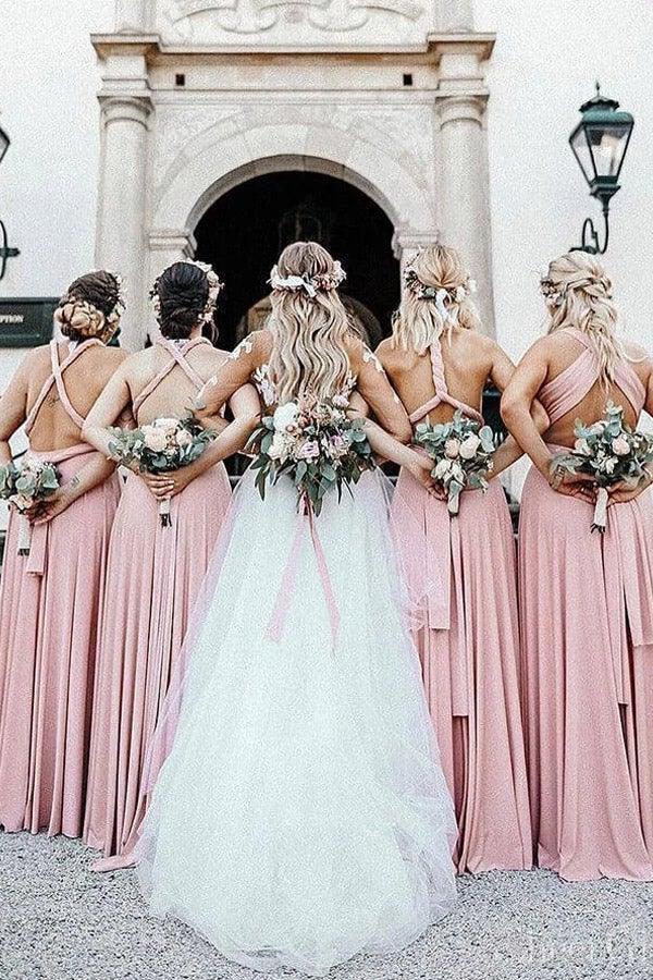 Elegant A Line V Neck Elastic Satin Pink Pleats Long Bridesmaid Dresse –  Pgmdress