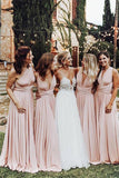 Elegant A Line V Neck Elastic Satin Pink Pleats Long Bridesmaid Dresses BD084 - Pgmdress