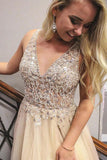 Elegant A Line V Neck Open Back Split Yellow Beaded Long Prom Dresses PG716 - Pgmdress