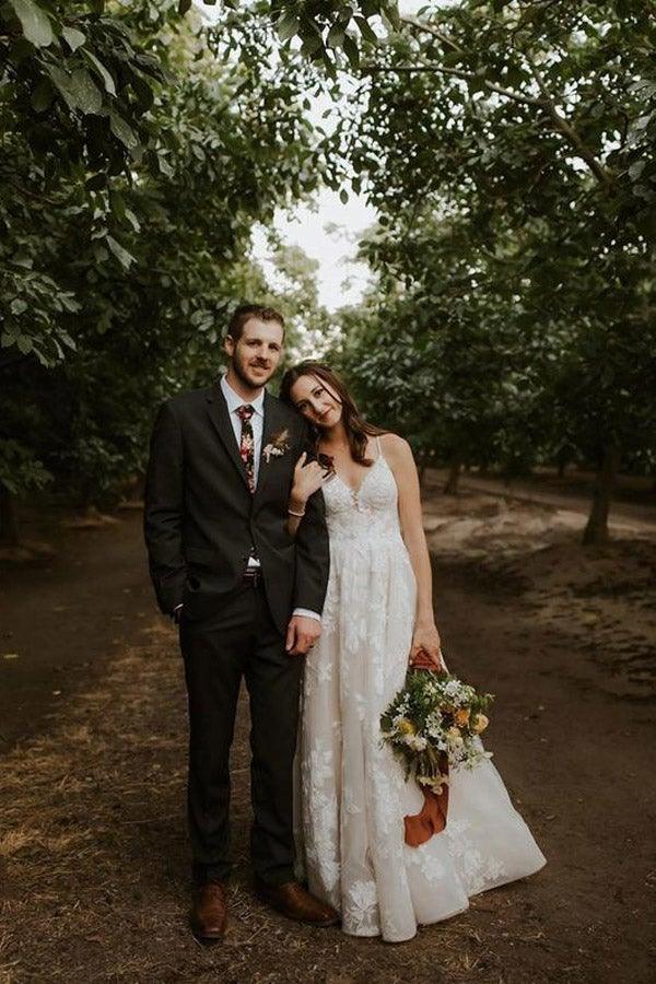 Elegant Appliqued Straps V-Neck Backless A-line Wedding Dresses WD552 - Pgmdress