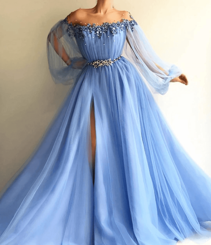 Elegant Blue Long Sleeves Off the Shoulder Split Prom Dress WD572 - Pgmdress
