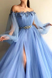 Elegant Blue Long Sleeves Off the Shoulder Split Prom Dress WD572