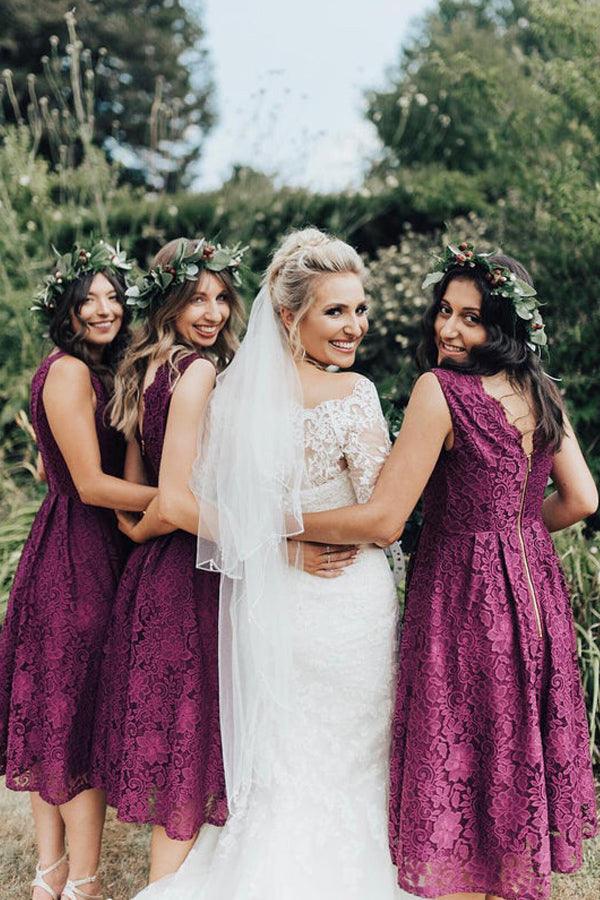 Elegant Lace V-Neckline Tea-length A-line Bridesmaid Dress BD094 - Pgmdress