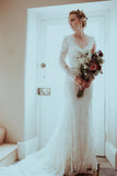 Elegantes Brautkleid mit langen Ärmeln, V-Rücken und Spitze und langen Ärmeln WD600