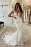 Elegant Mermaid Cap Sleeve V Neck Satin Wedding Dress With Lace Appliques  WD587