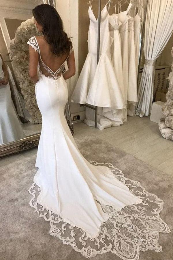 Elegant Mermaid Cap Sleeve V Neck Satin Wedding Dress With Lace Appliques WD587 - Pgmdress