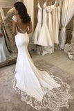 Elegant Mermaid Cap Sleeve V Neck Satin Wedding Dress With Lace Appliques WD587 - Pgmdress