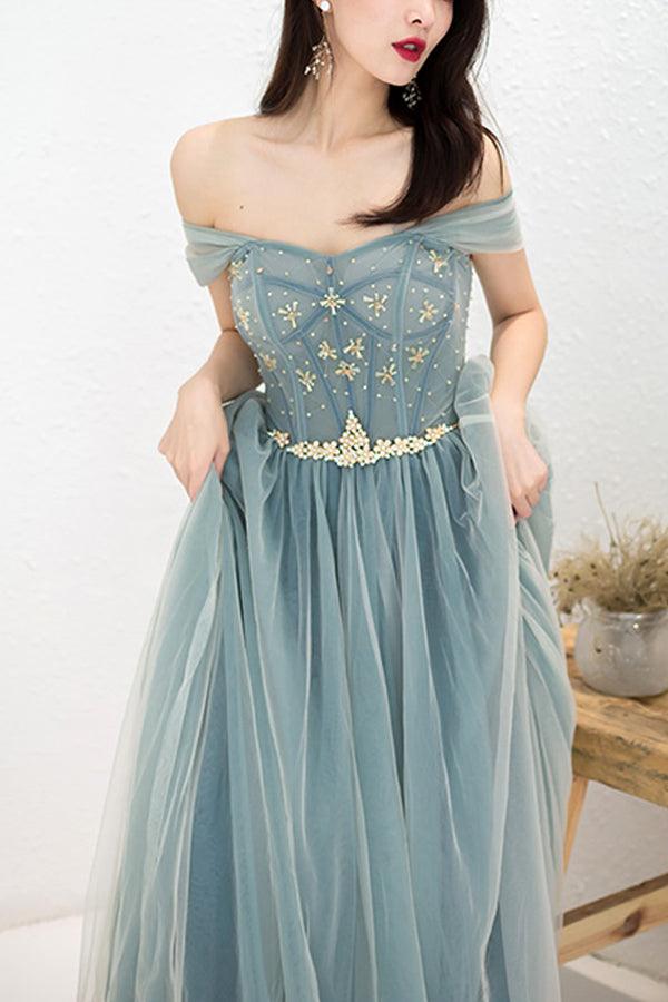 Elegant Off Shoulder A-Line Beaded Long Prom Dress with Appliques PSK183 - Pgmdress