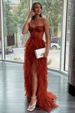 Elegant Rust Tiered Ruffles Tulle Prom Dress Evening Dress PSK313