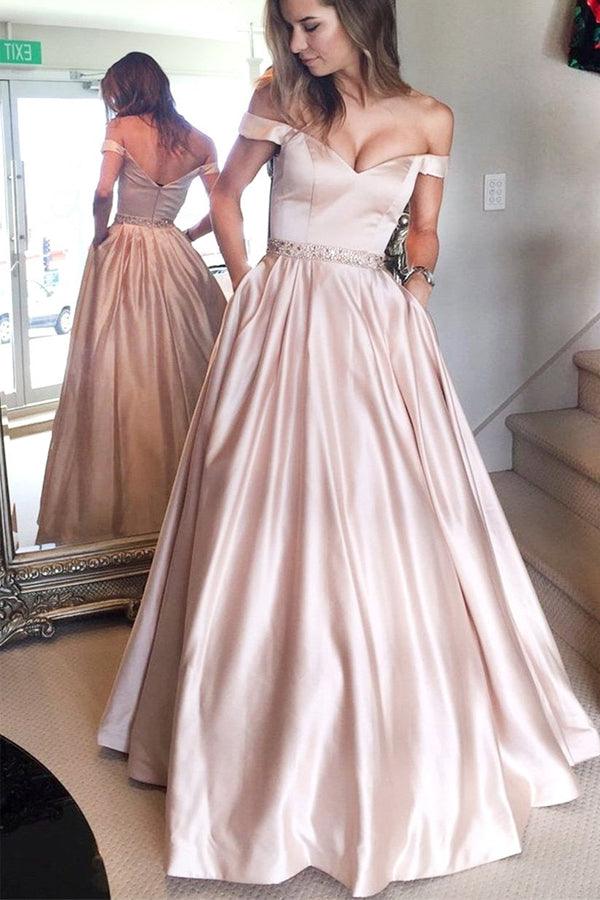 Elegant Satin Off-the-shoulder Neckline A-Line Prom Dresses With Beading PG503 - Pgmdress