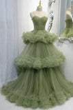 Elegant Straps Pleated Green Tiered Tulle Prom Formal Dress PSK417 - Pgmdress