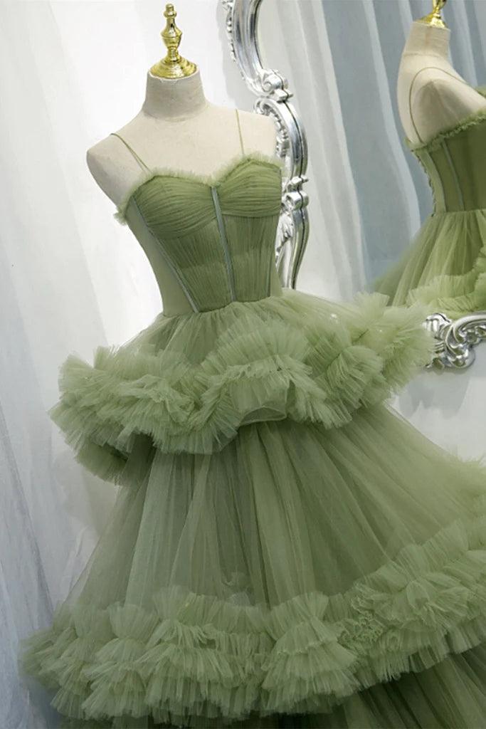 Elegant Straps Pleated Green Tiered Tulle Prom Formal Dress PSK417 - Pgmdress