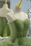 Elegant Straps Pleated Green Tiered Tulle Prom Formal Dress PSK417 - Pgmdress