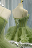 Elegant Straps Pleated Green Tiered Tulle Prom Formal Dress PSK417 - Pgmdress
